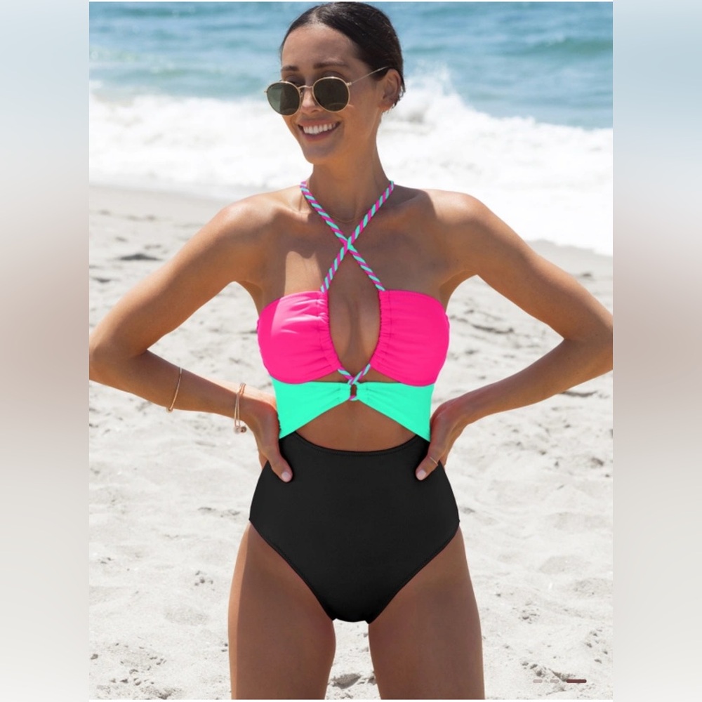 Popvil Strappy Neon Colorblock One-Piece Swimsuit - Pink & Mint